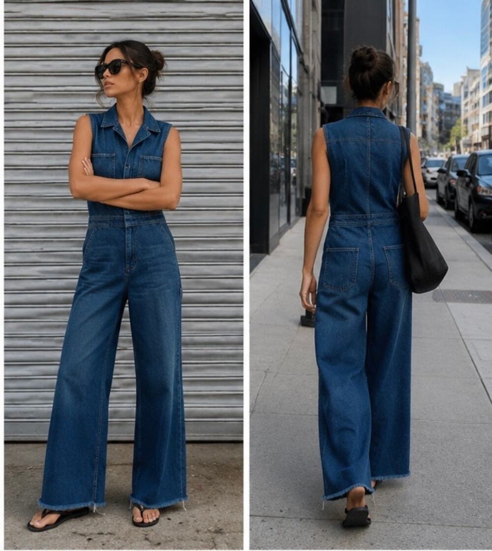 MOTHER Superior Denim Wide Leg Utility Jumpsuit Stone Blue Raw Hem US8